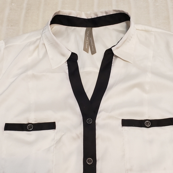 Penningtons Shiny White Button Down Top with Black Edging - Picture 3 of 16